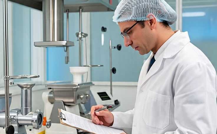 Hombre el laboratorio, sosteniendo una tabla en una mano y el la otra un boligrafo, vestido con bata blanca, cofia y lentes de seguridad