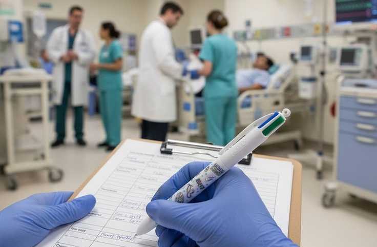 cuarto de hospital con pacientes en dos camas, dos doctores hablando con efermeras y en el primer plano unas manos sostenido una tabla y un bolígrafo